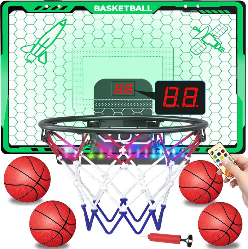 OWSOO Basketball Hoop Indoor for Kids, Mini Basketball Hoop with Colorful Light Bar, Scoreboard & 4 Basketballs, Christmas Toys Gifts for 3 4 5 6 7 8 9 10 11 12 Year Old Boys Girls (Green) - Image 1